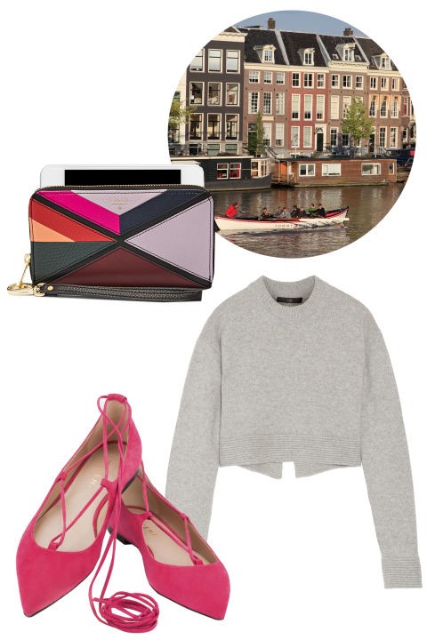 Túi clutch Fossil; $85 ≈ 1.916.000đ; fossil.com - Áo len lửng Tibi; $650 ≈ 14.655.000; net-a-porter.com - Giày M. Gemi; $248 ≈ 5.591.000đ; mgemi.com