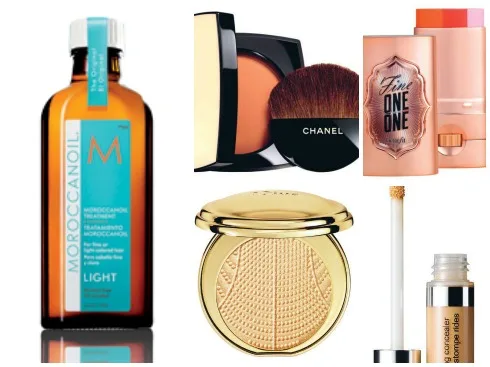 1.Dầu bóng tóc Moroccanoil 2. Phấn phủ Les Beiges Chanel 3.Má hồng kèm highlight dạng sáp Benefit 780.000 VNĐ 4.Phấn phủ bắt sáng Diorific Perfumed Illuminating Powder Dior 2.150.000 VNĐ