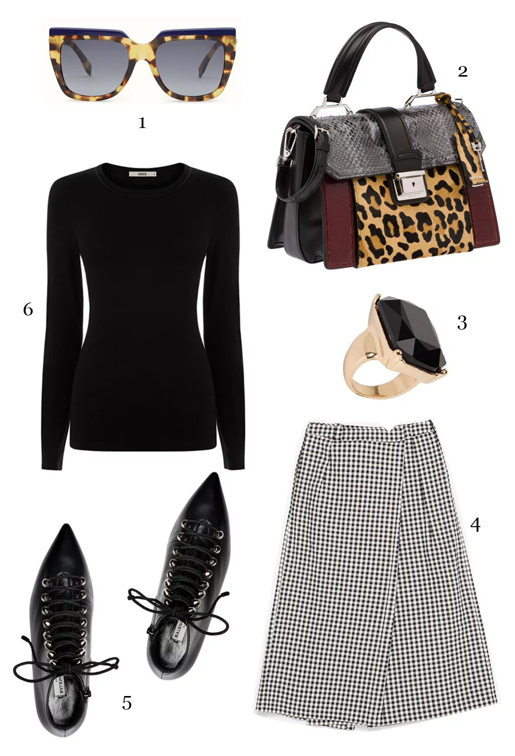 CÁCH PHỐI 2: 1-Mắt kính Fendi, 2-Túi xách Miu Miu, 3-Nhẫn Aldo, 4-Skort Zara, 5-Boots Balenciaga, 6-Áo Oasis.