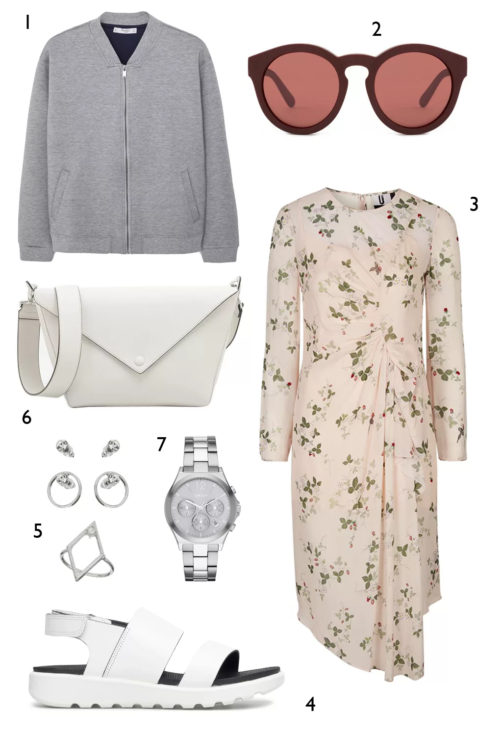 THỨ BA: 1 áo khoác Mango, 2 mắt kính Marc Jacobs, 3 đầm Topshop , 4 sandals Ecco, 5 set hoa tai và nhẫn Miss Selfridge, 6 túi Charles & Keith, 7 đồng hồ DKNY