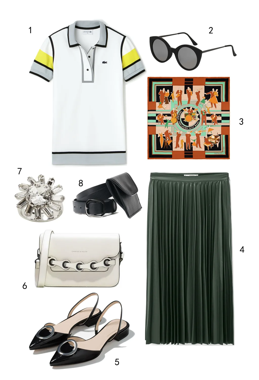 THỨ HAI: 1 áo Lacoste, 2 mắt kính Topshop, 3 khăn lụa Hermès, 4 váy Mango, 5 giày Zara, 6 túi Charles & Keith, 7 nhẫn Banana Republic, 8 thắt lưng MAX & Co