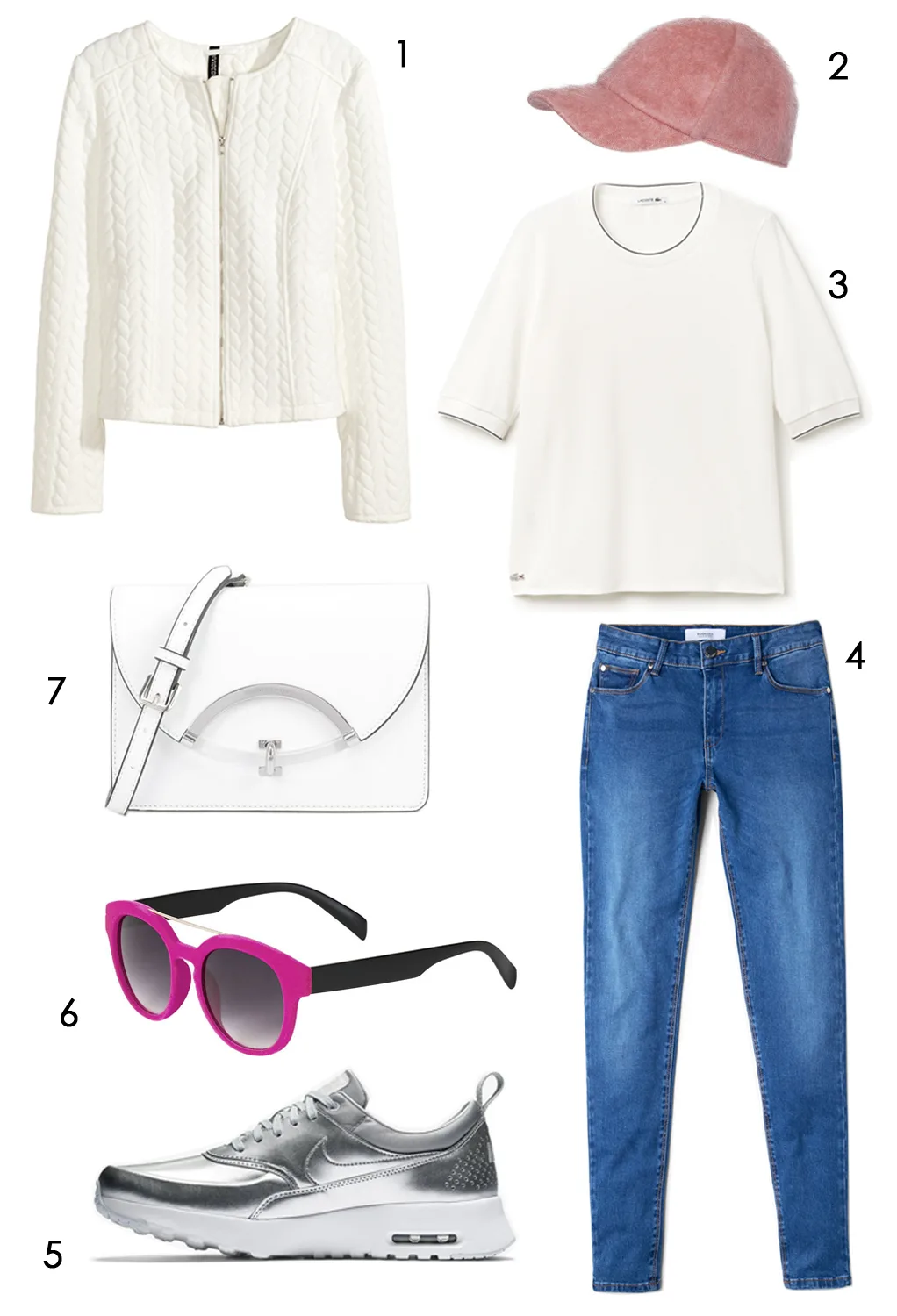 CÁCH PHỐI 1: 1.Áo khoác H&M - 2.Nón Max & Co - 3.Áo thun Lacoste - 4.Quần jeans Mango - 5.Giày NIKE AIR MAX THEA PREMIUM - 6.Mắt kính Topshop - 7.Túi xách Charles & Keith