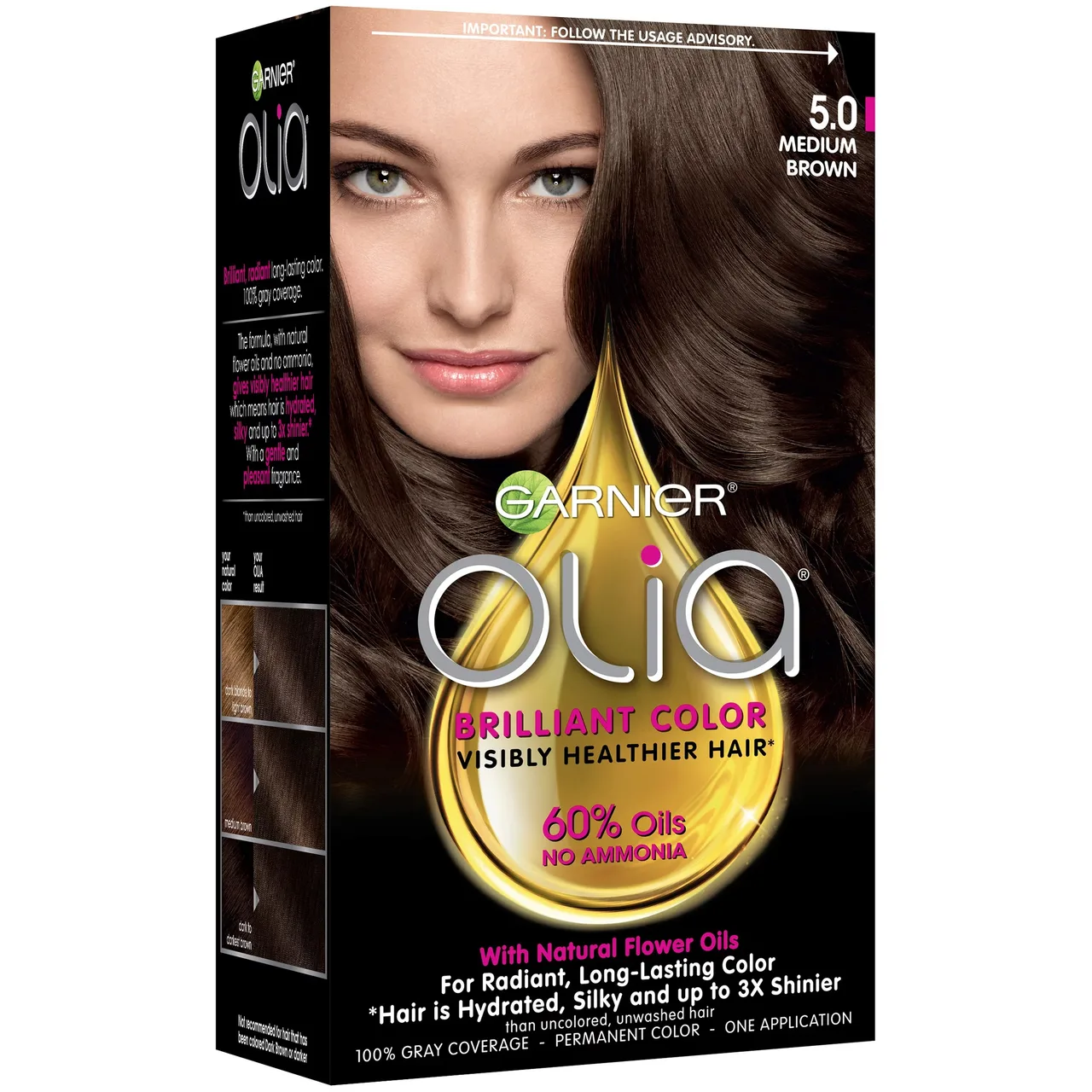 Da ngăm Thuốc nhuộm tóc Garnier Olia Oil Powered Permanent Hair Color Màu 5.0 - Medium Brown. Da ngăm Thuốc nhuộm tóc Garnier Olia Oil Powered Permanent Hair Color Màu 5.0 - Medium Brown.