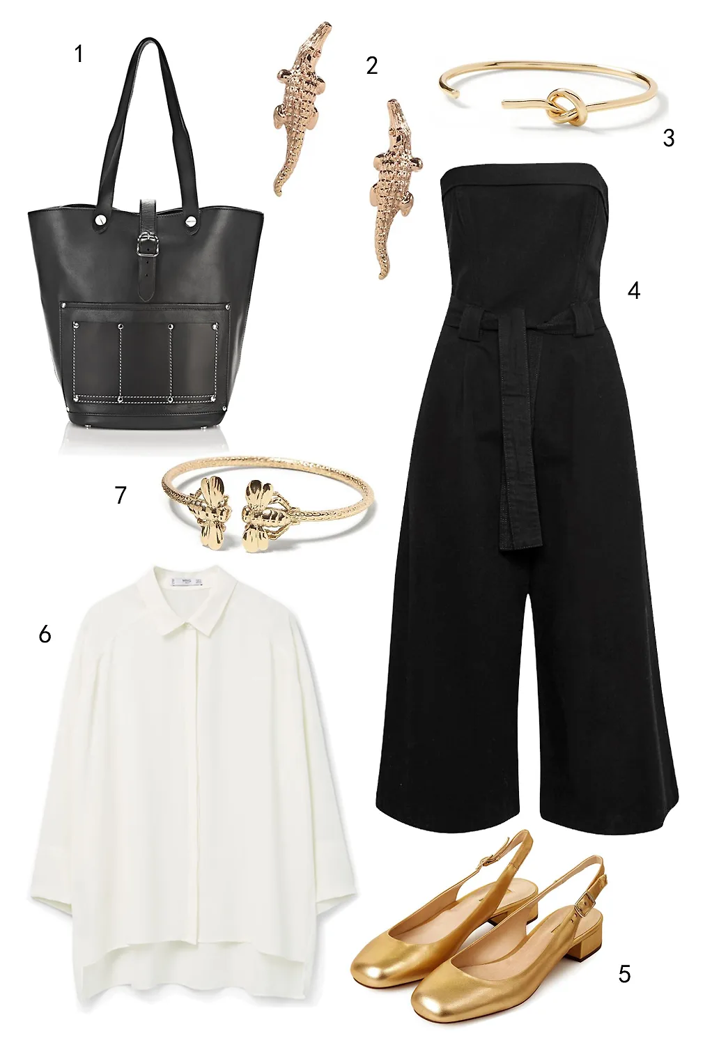 THỨ BẢY: 1 túi Alexander Wang, 2 hoa tai Banana Republic, 3 vòng tay Banana Republic, 4 jumpsuit FCUK, 5 giày Topshop, 6 áo sơ mi Mango, 7 vòng tay Banana Republic