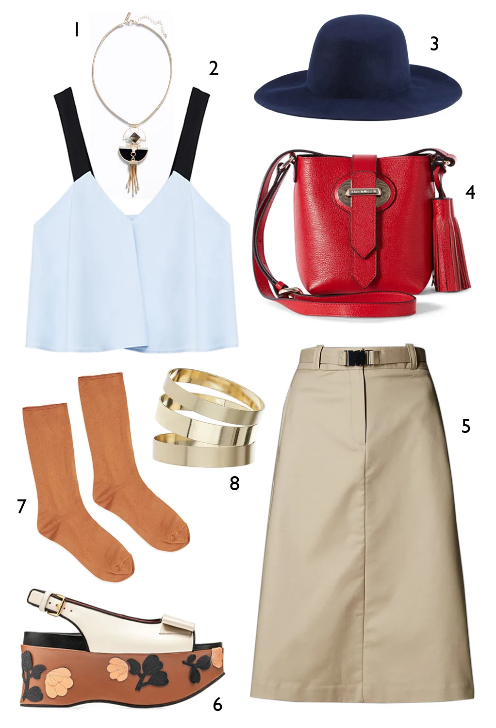 CÁCH PHỐI 5: 1. Vòng cổ Marks & Spencer - 2. Áo Zara - 3. Nón Aldo - 4. Túi Karen Millen - 5. Váy Karen Millen - Giày Marni - 7. Vớ Topshop - 8. Vòng tay Miss Selfridge