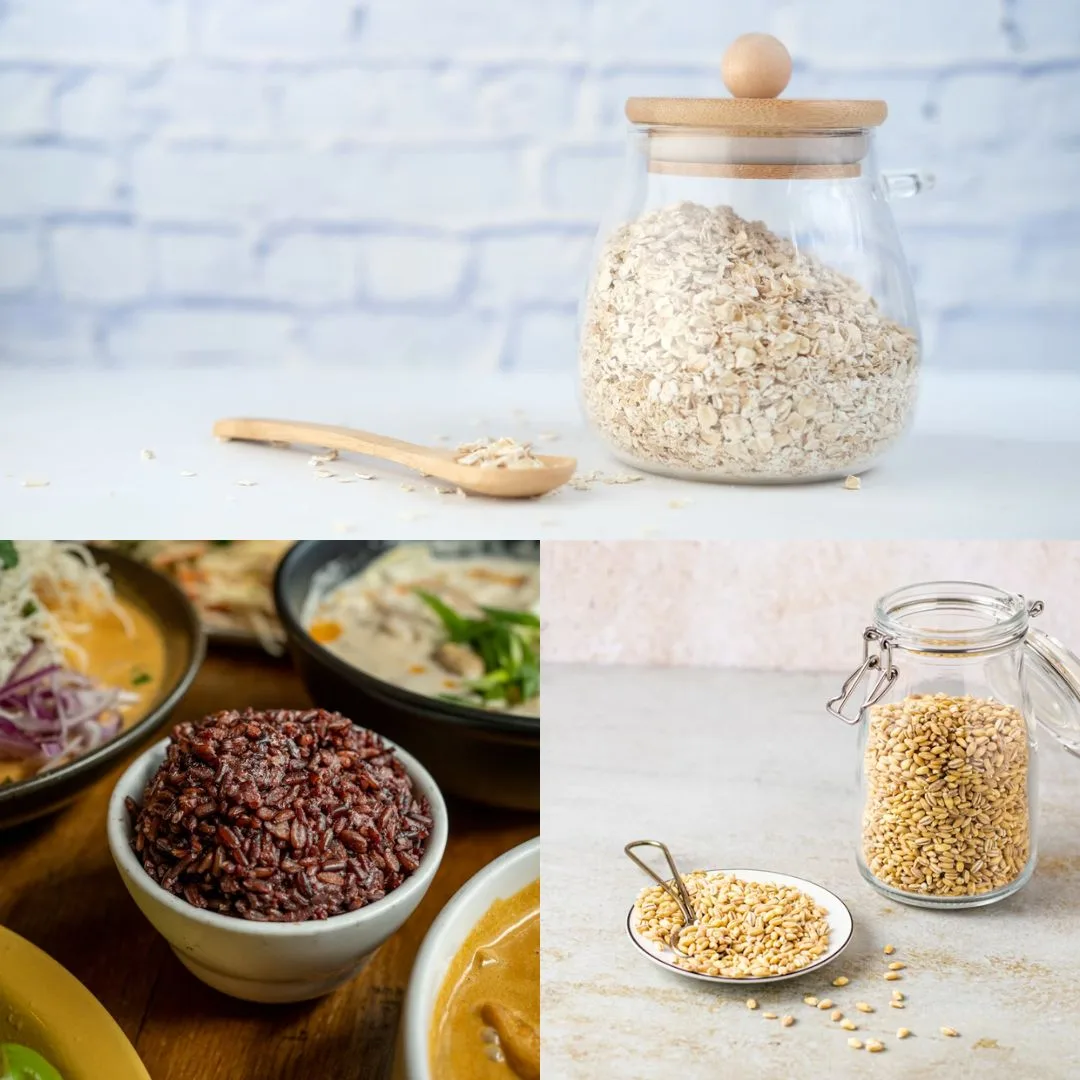 Hình ảnh ba loại ngũ cốc nguyên cám bao gồm yến mạch, gạo lứt, và lúa mì nguyên hạt.