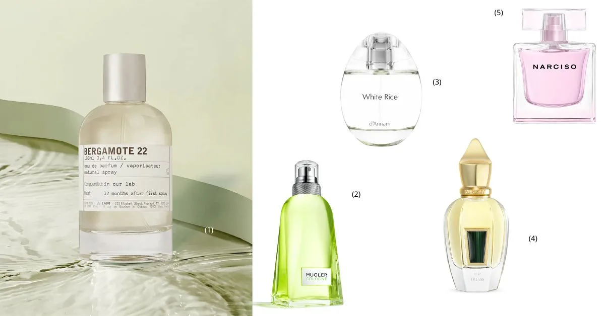 chai nước hoa Le Labo Bergamote 22 đặt trên nền sóng nước màu xanh nhạt