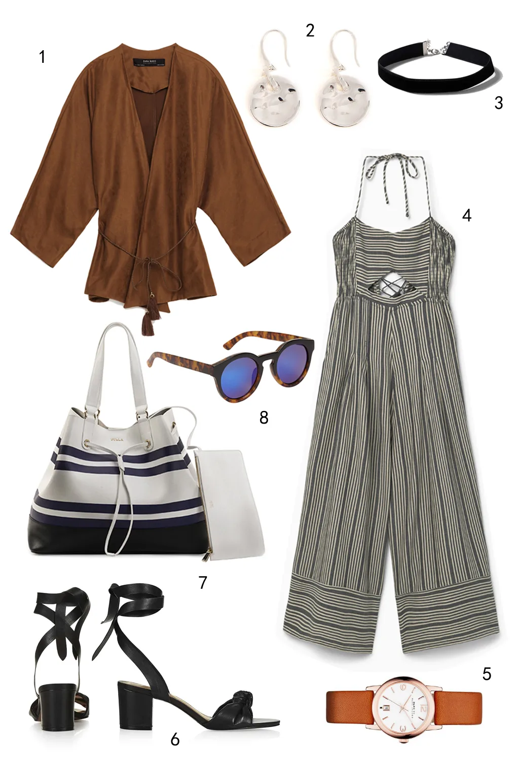 THỨ TƯ: 1 áo khoác Zara, 2 hoa toa Warehouse, 3 vòng cổ choker Topshop, 4 jumpsuit Mango, 5 đồng hồ Marc Jacobs, 6 giày Topshop, 7 túi Furla, 8 mắt kinh Aldo