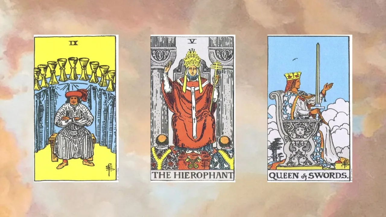 trải bài gồm Nine of Cups – The Hierophant – Queen of Swords