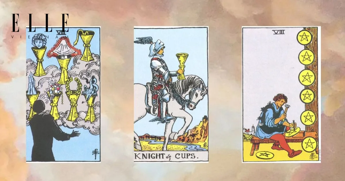 tarot tuần mới 3 lá bài tarot: Seven of Cups - Knight of Cups - Eight of Pentacles