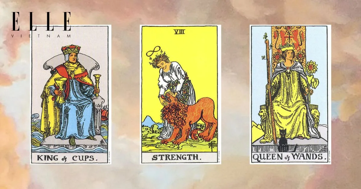 Bạn có các lá bài tarot: King of Cups - Strength - Queen of Wands