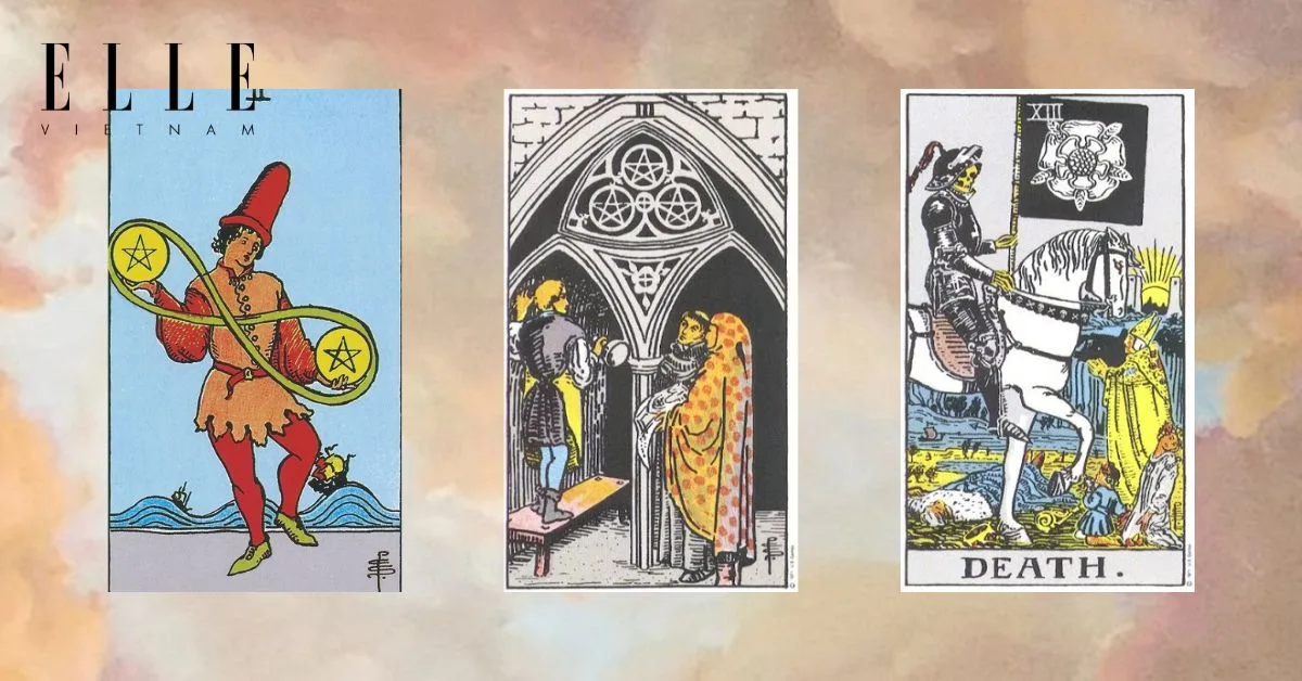 Bạn có các lá bài tarot: Two of Pentacles - Three of Pentacles - Death
