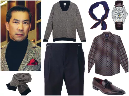 Áo len Lacoste, đồng hồ dây da Longines, khăn len Lacoste, khăn Topman, áo sơmi họa tiết Topman, giày da Pedro, quần Emporio Armani.