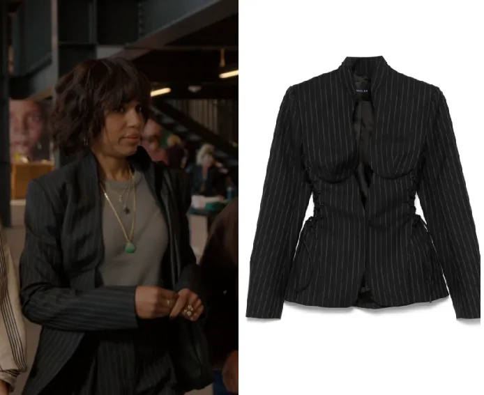 Cấu trúc sculptural kẻ pinstripe từ nhà mốt Mugler giúp toát lên khí chất nữ tướng cho nhân vật Eleanor