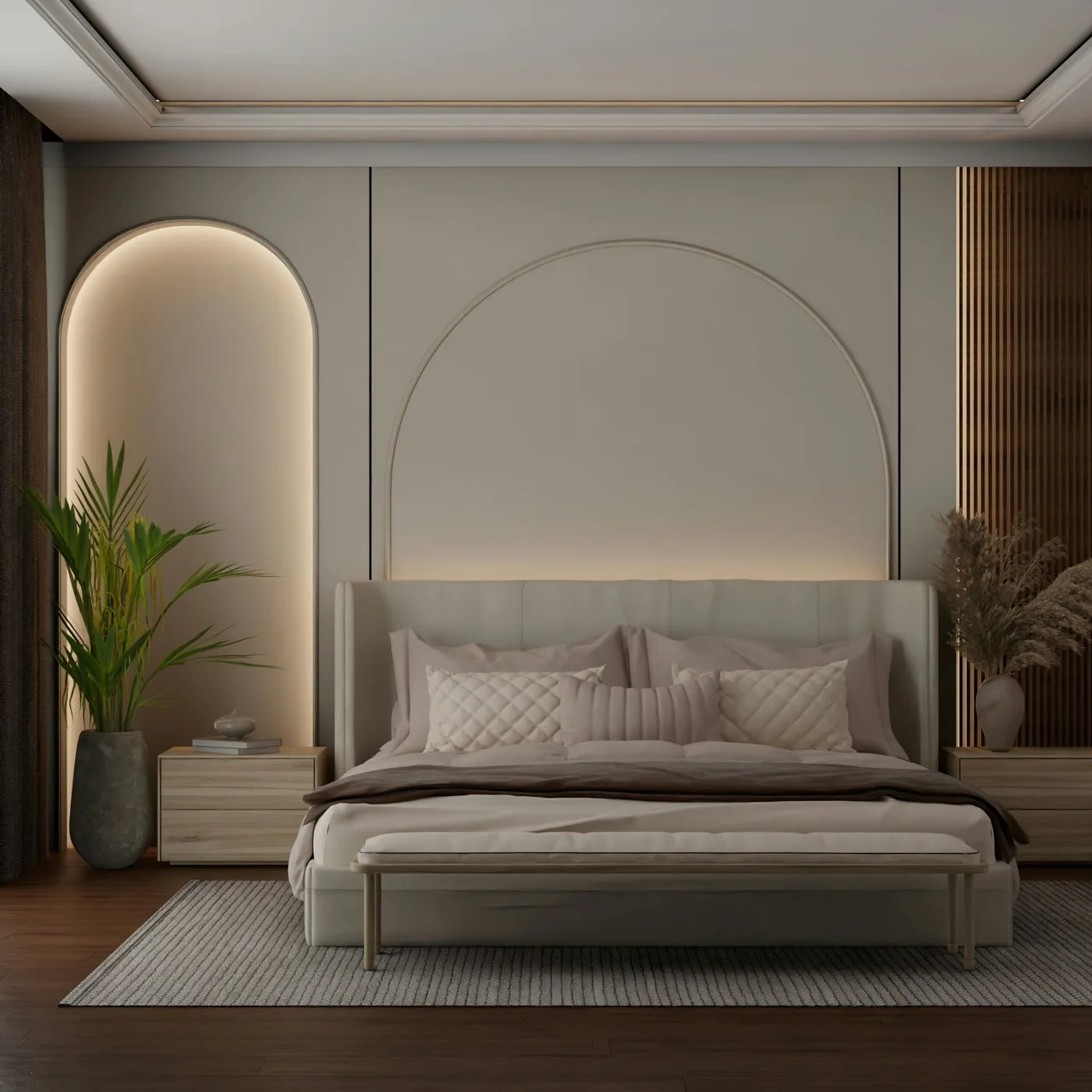 thảm trải sàn có tông màu trung tính và họa tiết đơn giản có độ rộng vừa đủ bao phủ dưới giường ngủ