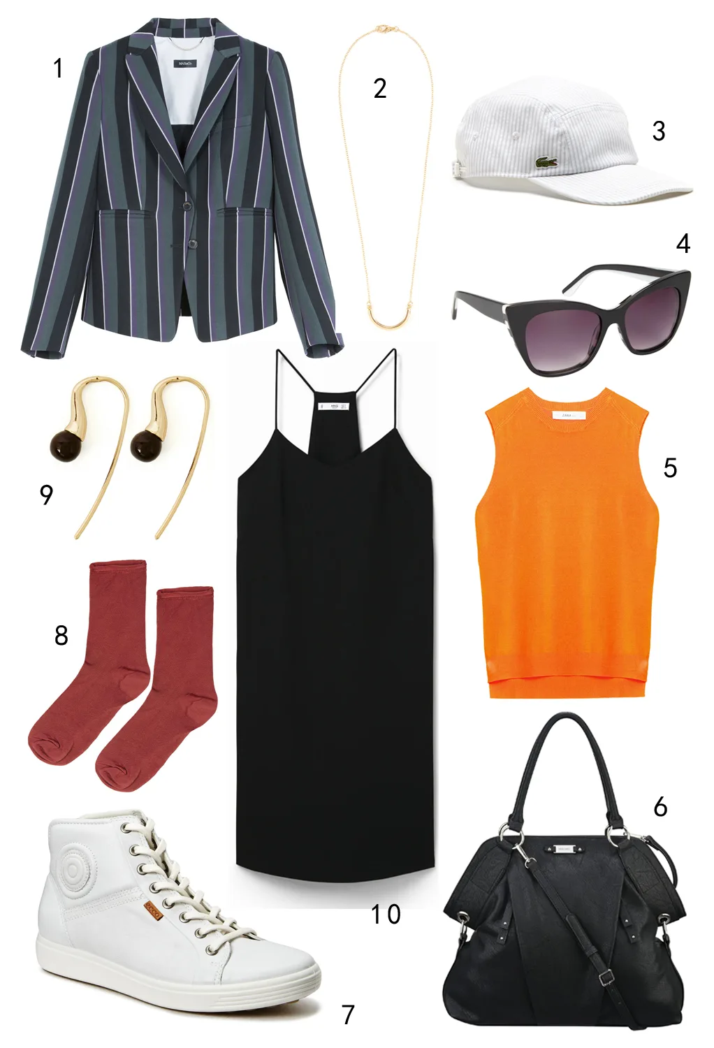 THỨ BA: 1 áo khoác blazer MAX & Co, 2 dây chuyền Warehouse, 3 nón Lacoste, 4 mắt kính Aldo, 5 áo Zara, 6 túi Nine West, 7 giày Ecco, 8 vớ Topshop, 9 hoa tai Warehouse, 10 đầm Mango