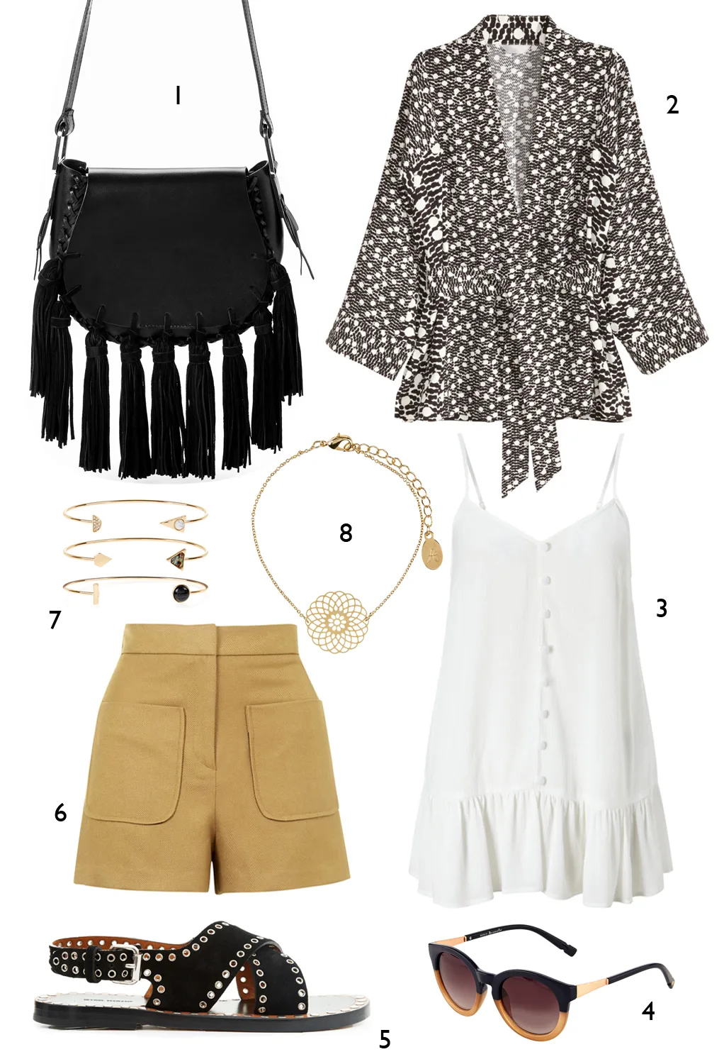CÁCH PHỐI 7: 1. Túi Mango - 2. Áo khoác kimono H&M - 3. Áo Miss Selfridge - 4. Mắt kính Accessorize - 5. Sandals Isabel Marant - 6. Quần shorts Topshop - 7, 8 . Vòng tay Accessorize