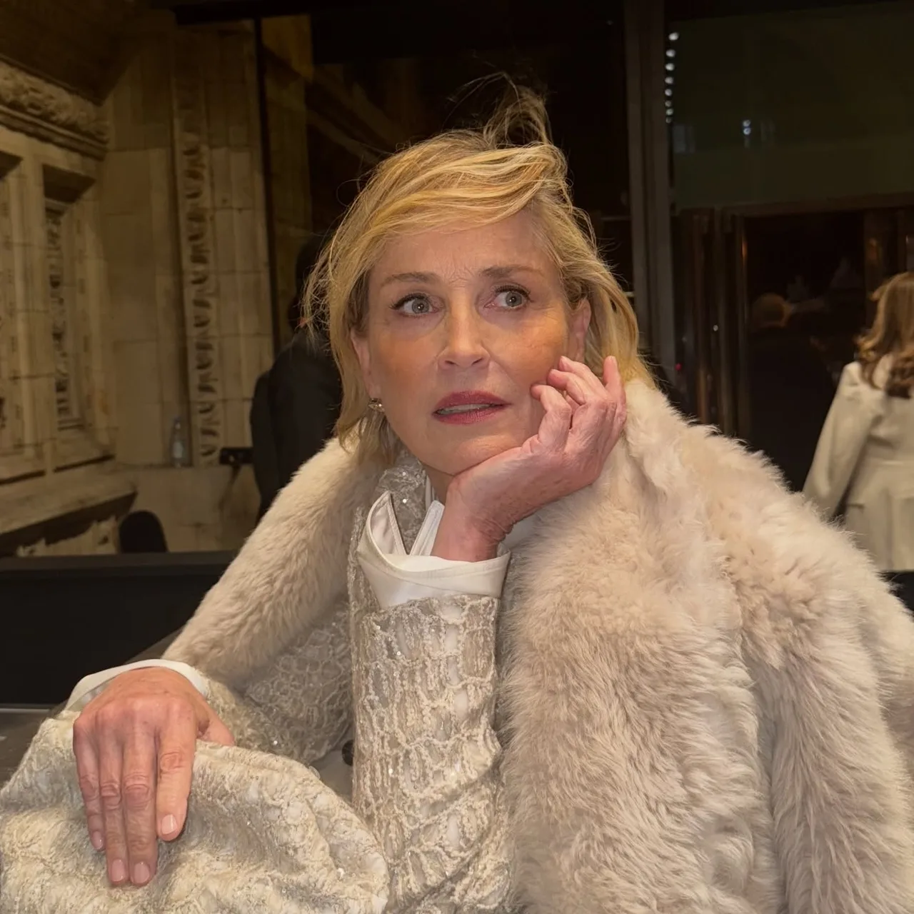 Hình ảnh Sharon Stone với lớp nền trang điểm mỏng nhẹ.