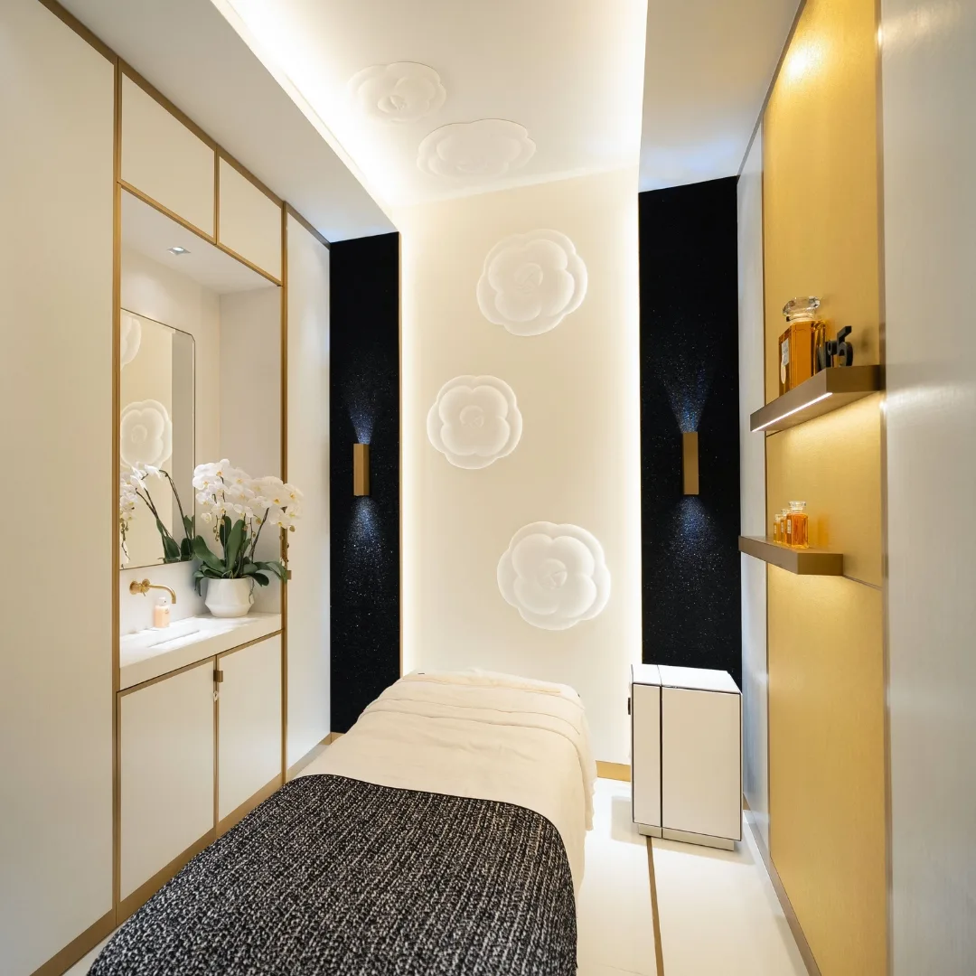 Hình ảnh trang trí nội thất hoa trà bên trong boutique nước hoa và mỹ phẩm mới khai trương của CHANEL tại Hanoi Centre.
