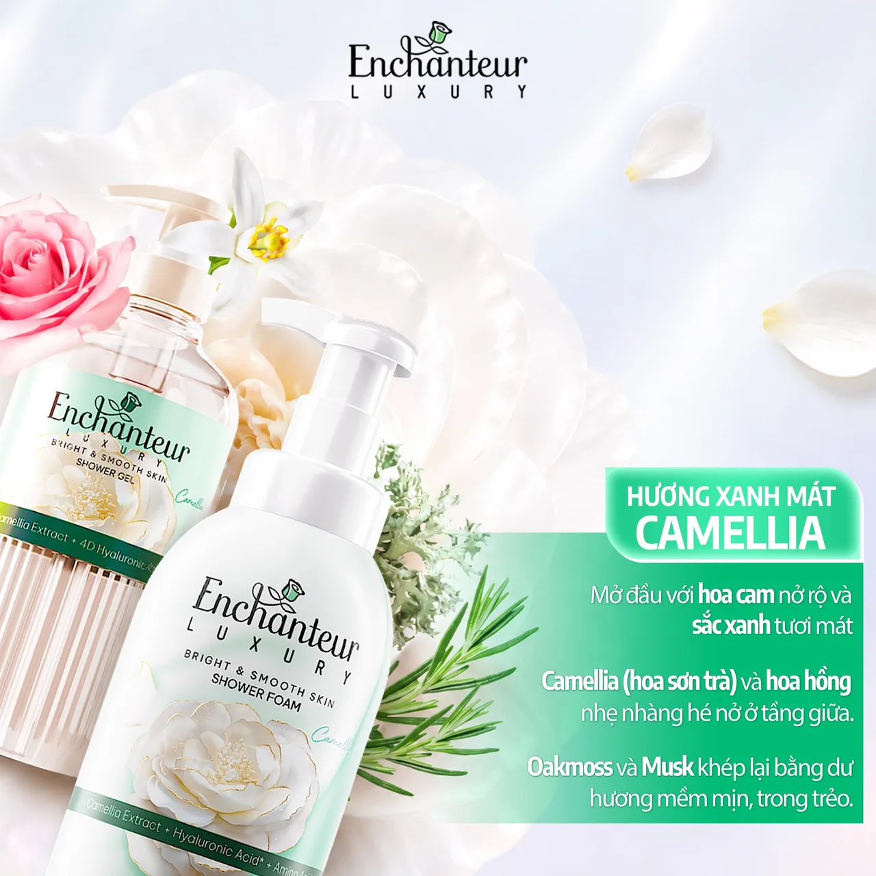Enchanteur luxury Dòng Camellia ấy cảm hứng từ hoa sơn trà với hương thơm nhẹ nhàng, thanh lịch.