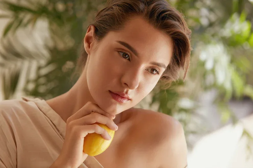 Dưỡng trắng da bằng vitamin C cô gái cầm quả chanh vàng