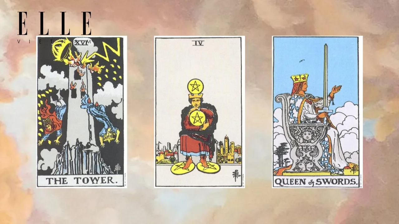 trải bài tarot tuần mới gồm các lá bài The Tower - Four of Pentacles - Queen of Swords