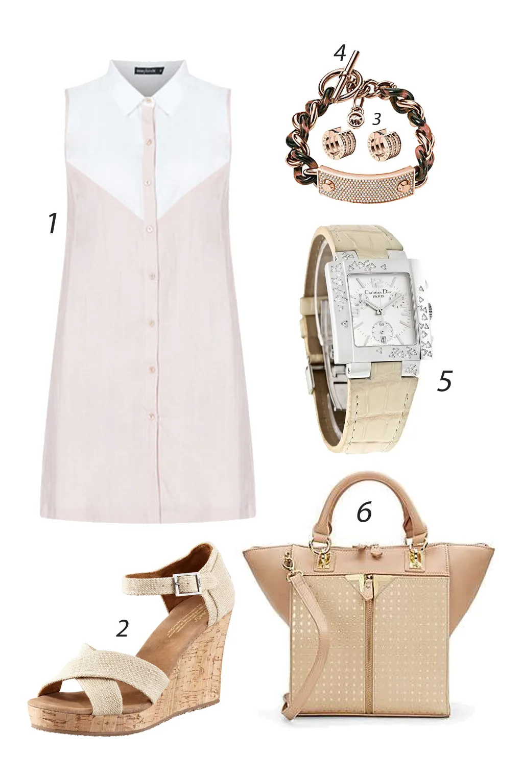 Thứ Sáu đơn giản với váy hồng phấn kết hợp phụ kiện màu nude. 1. INNER CIRCLE 2. TOMS SHOES 3&4. MICHAEL KORS 5. CHRISTIAN DIOR 6. DANIELLE NICOLE