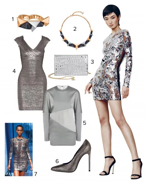 Người mẫu: đầm mini đính đá, giày Tom Ford 1.Nhẫn Louis Vuitton 2.Dây chuyền Louis Vuitton 3.Túi đeo vai Stella McCartney 4.Đầm Hervé Léger 5.Đầm mini Esteban Cortazar 6.Giày Saint Laurent 7.Philipp Plein