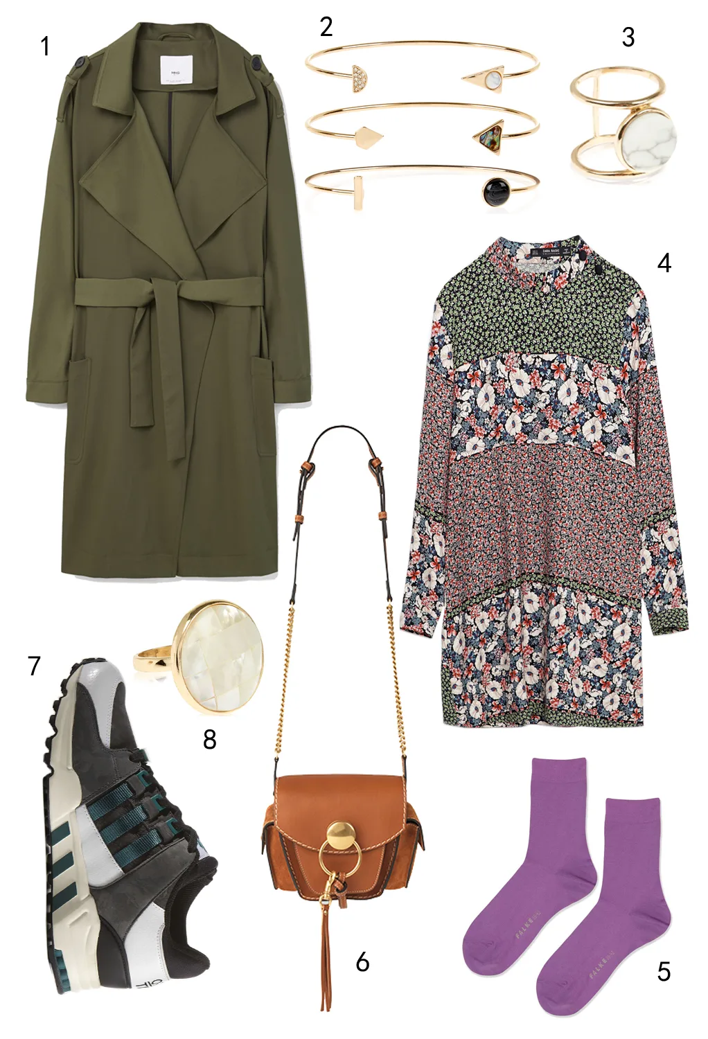 THỨ SÁU: 1 áo khoác Mango, 2 set vòng tay Accessorize, 3 nhẫn Accessorize, 4 đầm Zara, 5 vớ Topshop, 6 túi Chloé, 7 giày Adidas, 8 nhẫn Accessorize