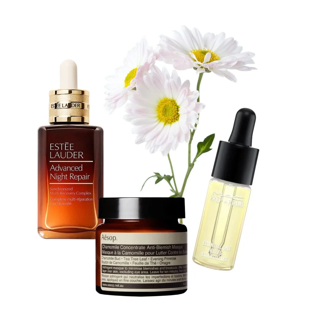 Sản phẩm chăm sóc da chứa chiết xuất hoa cúc như Estée Lauder Advanced Night Repair, Aesop và MAC.