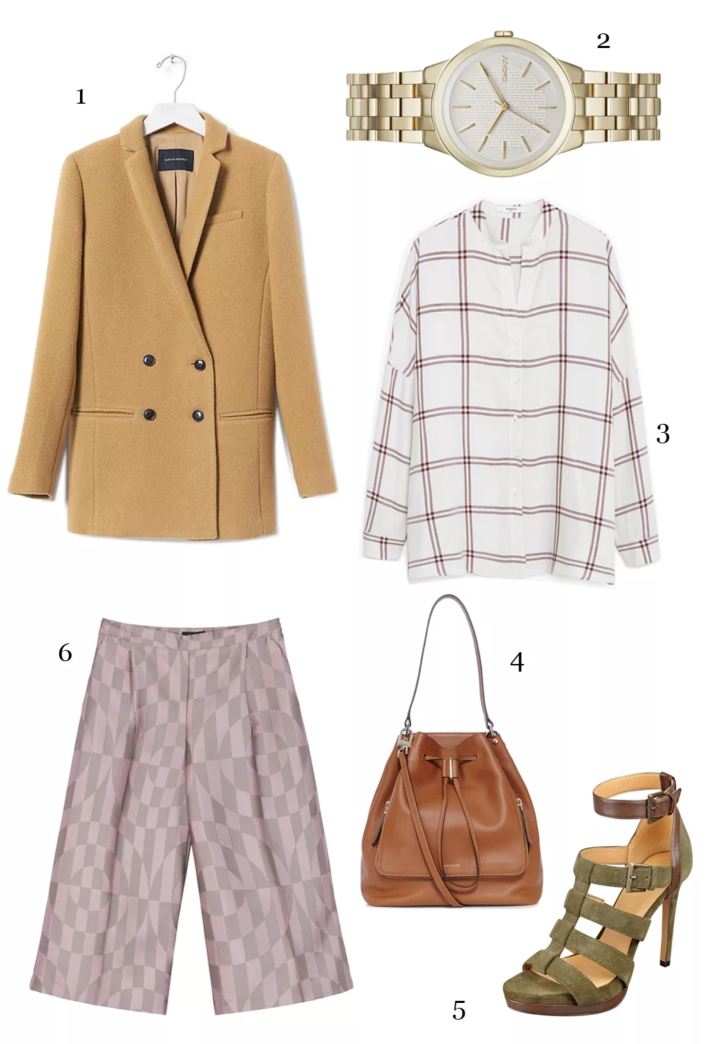CÁCH PHỐI 4: 1-Áo blazer Banana Republic, 2-Đồng hồ DKNY, 3-Áo Mango, 4-Túi Karen Millen, 5-Giày Nine West, 6-Quần Max & Co.