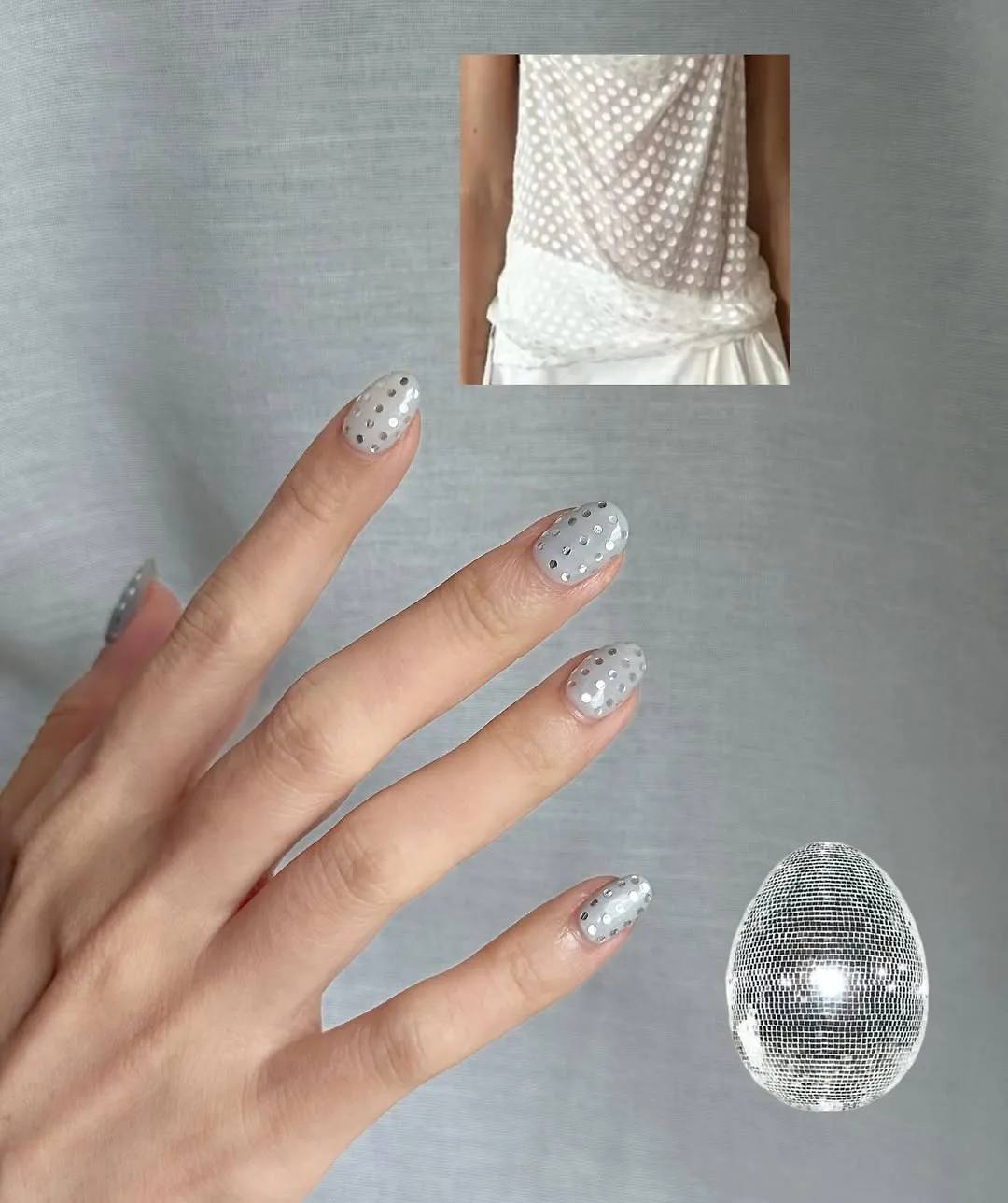 mẫu nail sequin ánh bạc trên nền xám