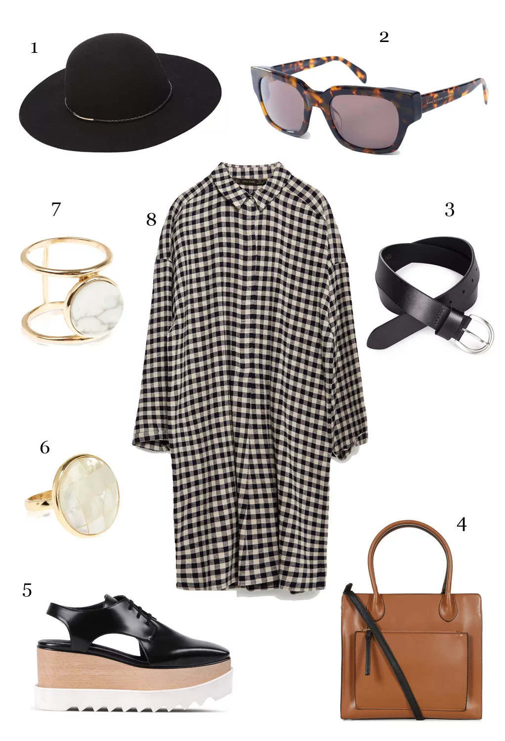 CÁCH PHỐI 7: 1-Nón Marks & Spencer, 2-Mắt kính Marc Jacobs, 3-Thắt lưng Marks & Spencer, 4-Túi Accessorize, 5-Giày Stella McCartney, 6,7-Nhẫn Accessorize, 8-Áo tunic Zara.