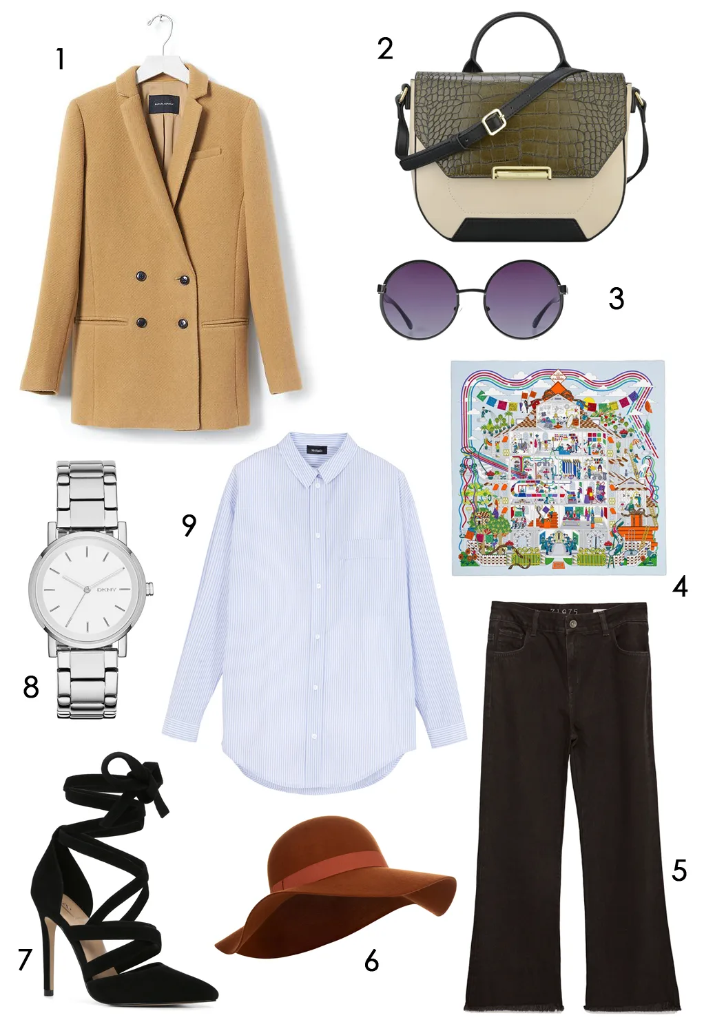 CÁCH PHỐI 6: 1.Áo khoác Banana Republic - 2.Túi Nine West - 3.Mắt kính Mango - 4.Khăn Hèrmes - 5.quần jeans Zara - 6.Nón Accessorize - 7.Giày Aldo - 8.Đồng hồ DKNY - 9.Áo sơ mi Max & Co
