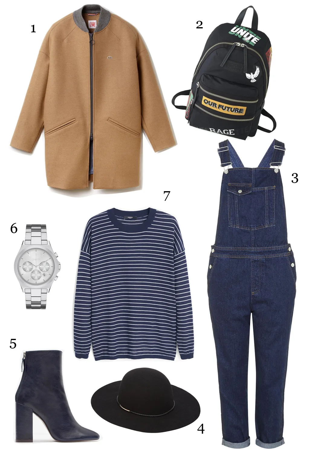 CÁCH PHỐI 7: 1.Áo khoác Lacoste Live - 2.Ba lô Marc Jacobs - 3.Denim dungarees Topshop - 4.Nón Marks & Spencer - 5.Giày Zara - 6.Đồng hồ DKNY - 7.Áo len Mango