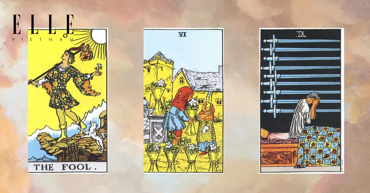 các lá bài tarot: The Fool - Six of Cups - Nine of Swords