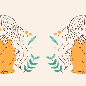 Hai cô gái tóc dài đứng đối lưng nhau giữa nhiều bông hoa
