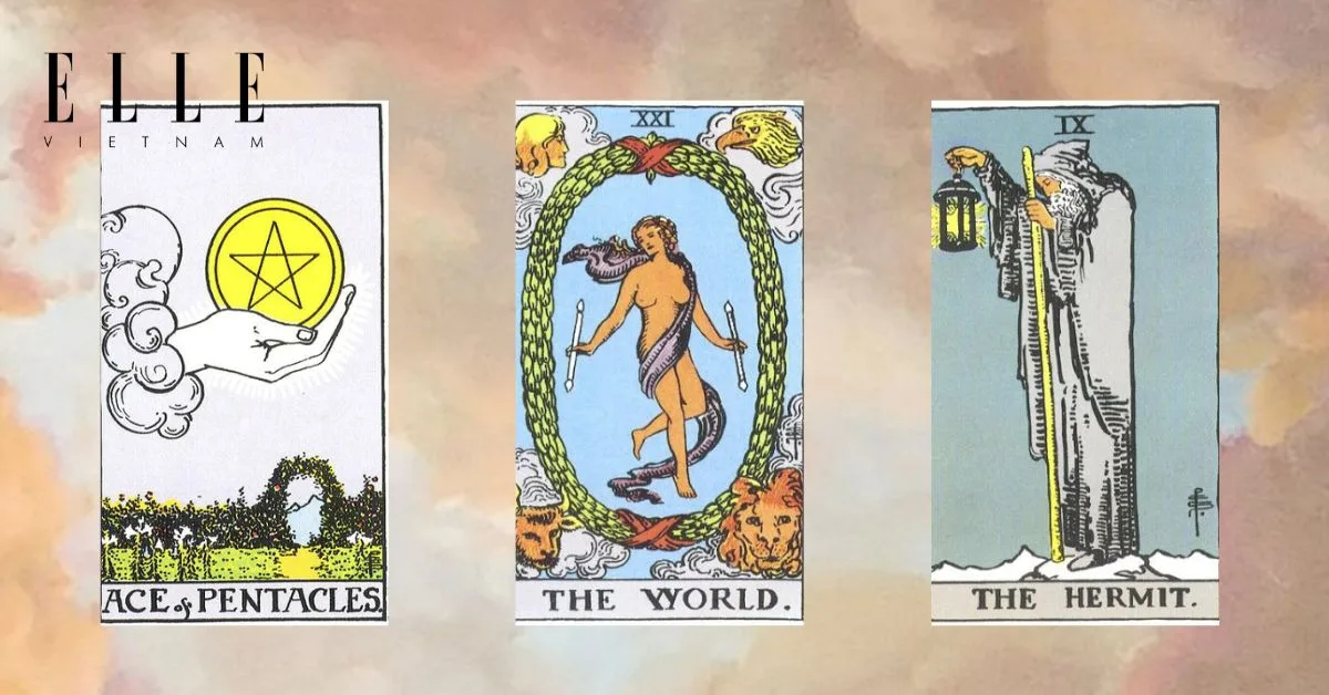 Bạn rút được 3 lá bài tarot: Ace of Pentacles - The World - The Hermit