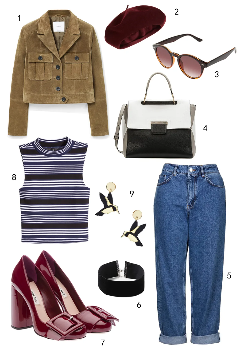THỨ NĂM: 1 áo khoác Mango, 2 nón Accessorize, 3 mắt kính Accessorize, 4 túi Furla, 5 quần jeans Topshop, 6 vòng cổ choker Topshop, 7 giày Miu Miu, 8 áo H&M, 9 hoa tai Topshop