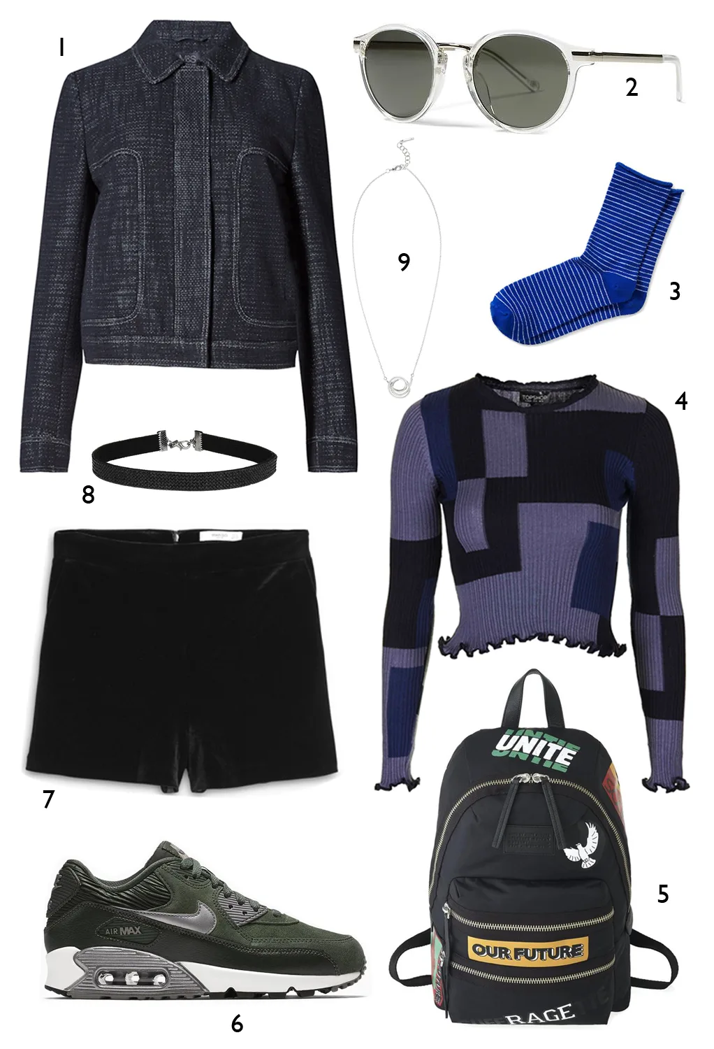 CÁCH PHỐI 6: 1. Áo khoác Marks & Spencer - 2. Mắt kính Banana Republic - 3. Vớ Banana Republic - 4. Áo Topshop - 5. Ba lô Marc Jacobs - 6.Giày Nike - 7. Quần Mango - 8. Vòng cổ choker Topshop - 9. Dây chuyền Karen Millen