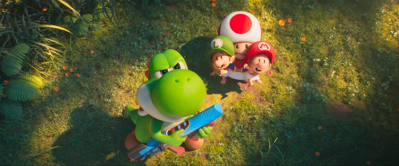 Khủng long Yoshi bảo vệ hai em bé Mario và Luigi trong phim Super Mario Thiên Hà.