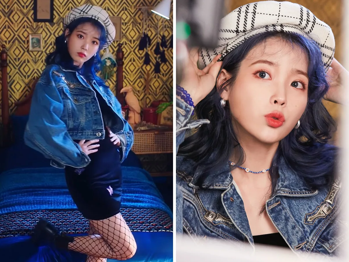 IU mặc áo khoác jeans, đầm ngắn, mang tất lưới, đội mũ beret trong MV nhạc KPOP Blueming