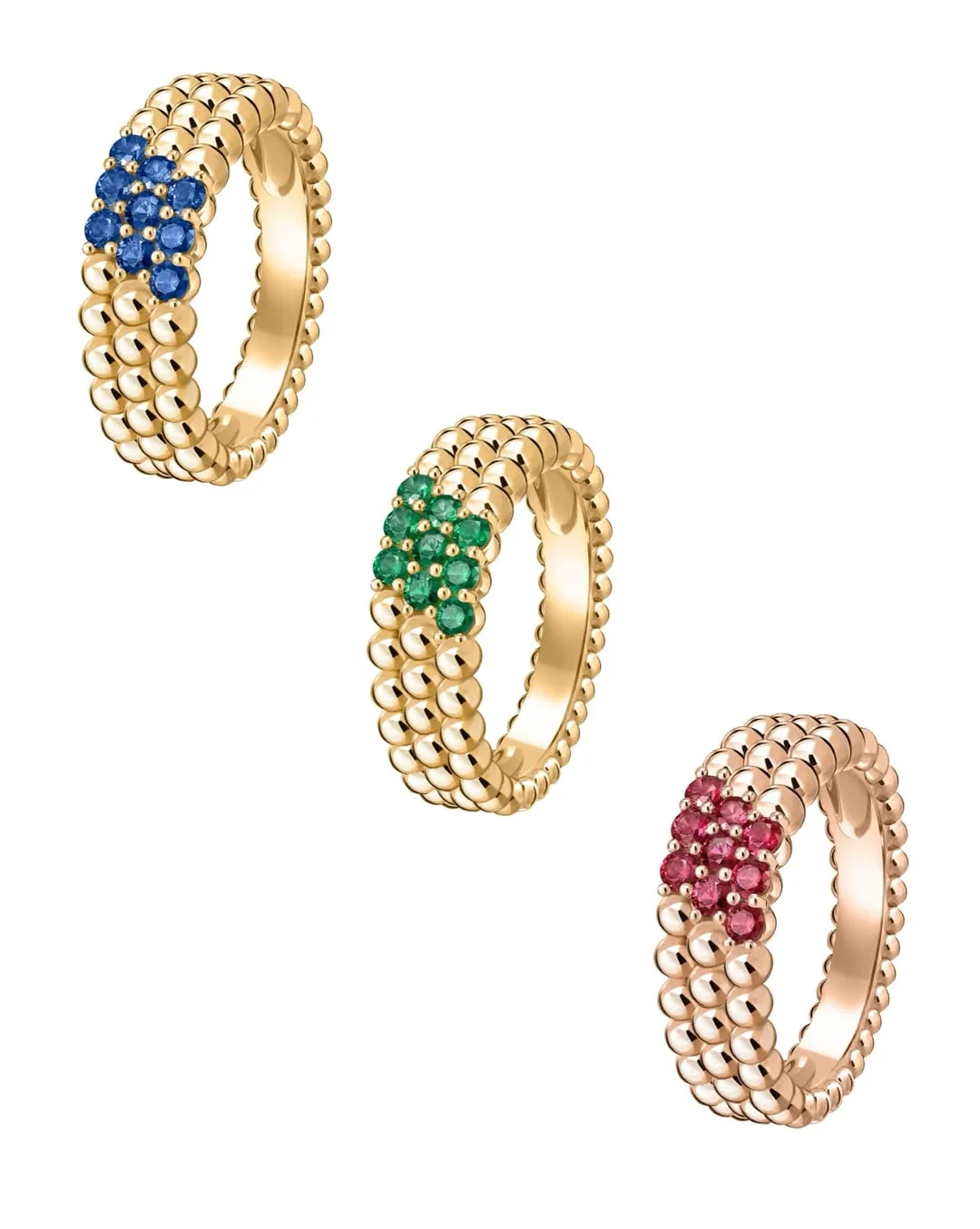 Vàng vàng, vàng hồng và vàng trắng hòa quyện cùng sapphire, hồng ngọc và ngọc lục bảo trong ngôn ngữ thẩm mỹ giàu ánh sáng của BST Perlée.