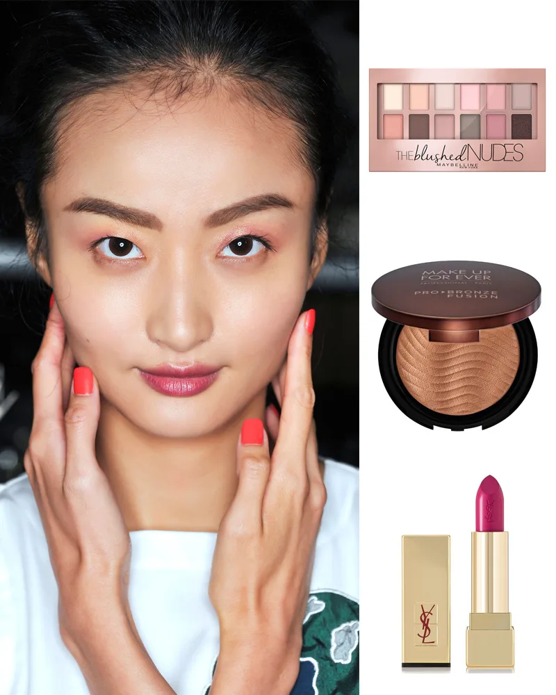 Sản phẩm gợi ý: Maybeline the Blushed Nude eye shadow, Pro Bronzer Make Up For Ever, YSL lipstick