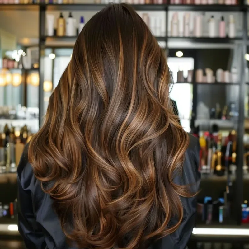 Hình ảnh mái tóc highlight sunlit caramel.