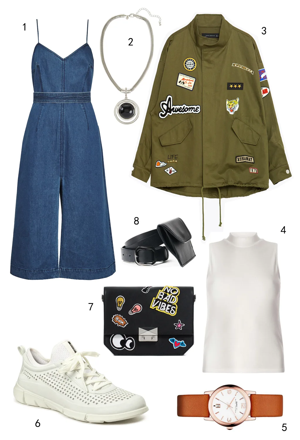 THỨ BẢY: LABELS/LOGOS: 1 đầm FCUK, 2 vòng cổ Marks & Spencer, 3 áo khoác Zara, 4 áo Dorothy Perkins, 5 đồng hồ Marc Jacobs, 6 giày Ecco, 7 túi Zara, 8 thắt lưng MAX & Co