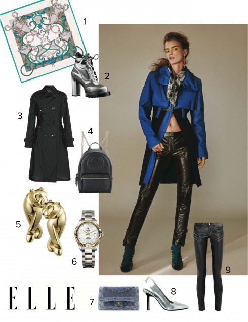 Áo khoác, quần LOUIS VUITTON Khăn TERRY GATES Hoa tai, nhẫn EDDIE BORGO Bốt PAUL ANDREW TEAL Tất HUE