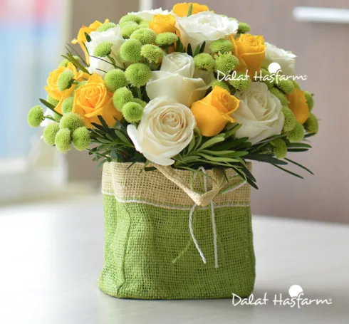 Ngoài những đóa hồng tinh khôi, giỏ hoa còn có Cát tường tím, Calimero trắng cùng nhau khoe sắc. Thích hợp để tặng mẹ, cô giáo. Giá: 382.500 đồng*.