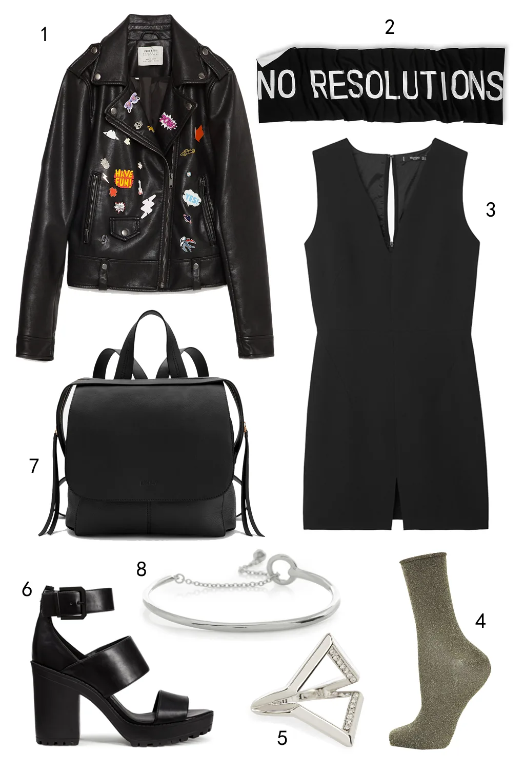 CHỦ NHẬT; 1 áo khoác Zara, 2 khăn choàng Banana Republic, 3 đầm Manggo, 4 vớ kim tuyến Topshop, 5 nhẫn Karen Millen, 6 giày H&M, 7 ba lô DKNY, 8 vòng tay Karen Millen