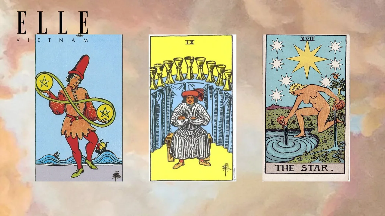 trải bài tarot tuần mới gồm Two of Pentacles - Nine of Cups - The Star